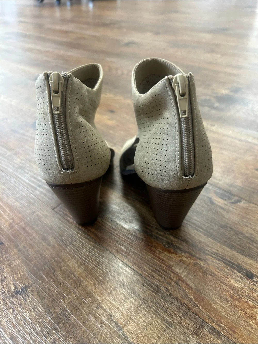 Women's Perforated Peep-Toe Ankle Booties in Taupe
